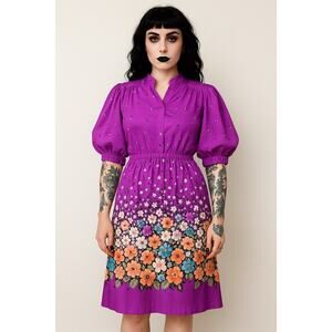 Vintage Purple Floral Midi Dress | Puff Sleeve Cottagecore M